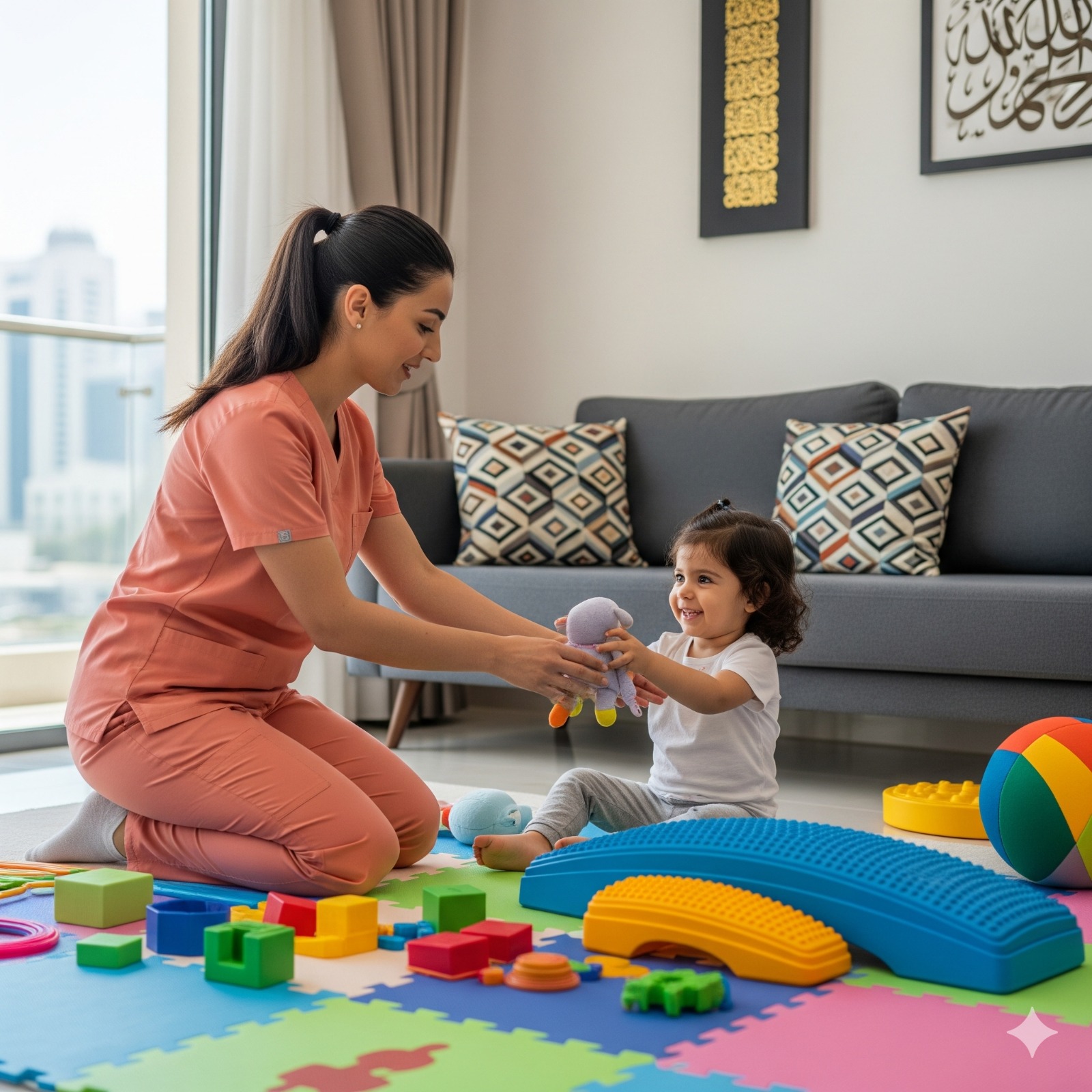Therapist playing with young child on floor